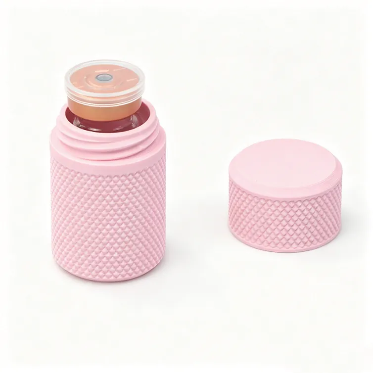 Glass vial seated inside pink 10ml peptide packaging box